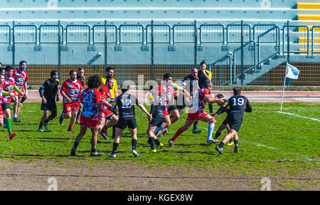 BARI, ITALY - February 19, 2017: Serie C1 - Italian Championship 2016-2017 - The stage play of the match between 'Tigers Rugby Bari 1980 ASD' and 'CIC Stock Photo