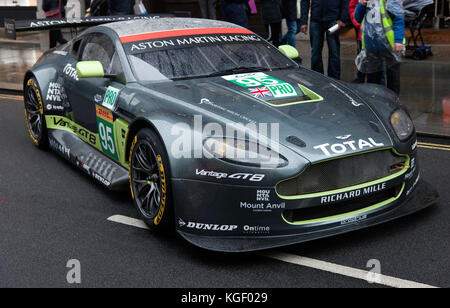 Three-quarter view of  an Aston Martin Vantage GT8 race car,  on display at the Regents Street Motor Show 2017. Stock Photo