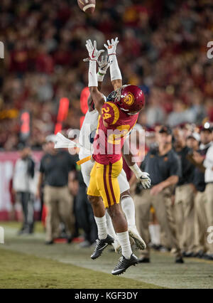 Los Angeles, CA, USA. 04th Nov, 2017. USC cornerback (24) Isaiah Langley tries to make an interception during a game between the Arizona Wildcats vs USC Trojans on Saturday, November 4, 2017 at the Los Angeles Memorial Coliseum in Los Angeles, California. USC defeated Arizona 49-35. (Mandatory Credit: Juan Lainez/MarinMedia.org/Cal Sport Media) (Complete photographer, and credit required) Credit: csm/Alamy Live News Stock Photo