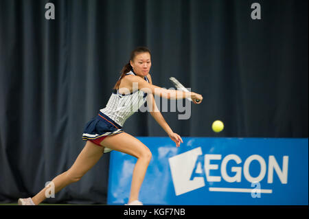 Shrewsbury, Shropshire. 7th Nov, 2017. Shilin XU from Guangdong, China lost her 1st round match, from the Aegon GB Pro-Series $25K Women's Tennis from the Shrewsbury Club, Shrewsbury, Shropshire, UK against the top seed Lesley KERKHOVE from Goes, Netherlands 7-5, 6-4 Credit: RICHARD DAWSON/Alamy Live News Stock Photo
