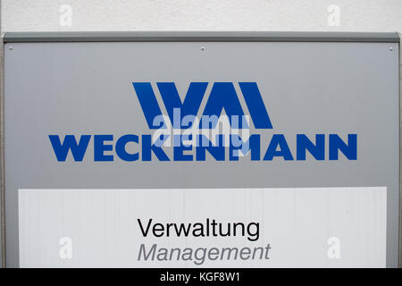 Brumby, Germany. 7th Nov, 2017. View of the logo of the company Weckenmann, photographed in Brumby, Germany, 7 November 2017. The state of Saxony-Anhalt supports the planned location expansion of the Baden-Wuerttembergian facility manufacturer. The confirmation of the subsidies was handed over int he afternoon. A total of 25 jobs are safed with the investment. Credit: Klaus-Dietmar Gabbert/dpa-Zentralbild/ZB/dpa/Alamy Live News Stock Photo