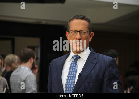 London, UK. 7th Nov, 2017. CNN's Bussines anchor Richard Quest seen ahead of a live broadcast at the annual leading global event for the travel industry World Travel Market (WTM) opened its doors on 6th November for four days. Credit: david mbiyu/Alamy Live News Stock Photo