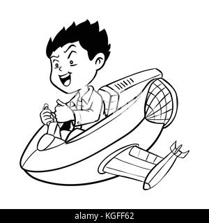 Hand drawn Boy drive aircraft, Cartoon with Victory sign, Isolated on white background. Black and White simple line Vector Illustration for Coloring B Stock Vector