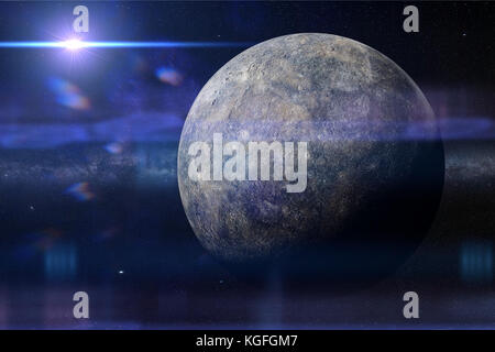 the planet Mercury lit by the Sun and in front of the Milky Way galaxy (3d render, elements of this image are furnished by NASA) Stock Photo