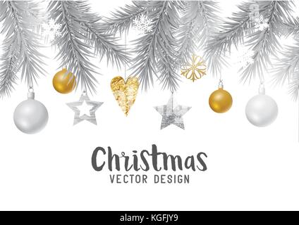 Festive gold and silver christmas background with fir branches, decorations and baubles. Vector illustration Stock Vector