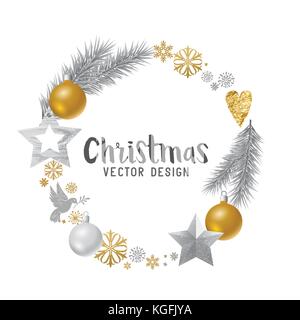 Silver and gold decorated Christmas Wreath. Vector illustration. Stock Vector