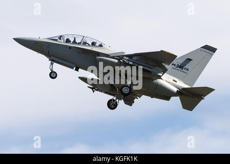 The Alenia Aermacchi M-346 Master military twin-engine transonic trainer aircraft is taking off from RAF Fairford. Stock Photo