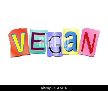 3d Illustration depicting a set of cut out printed letters arranged to form the word vegan. Stock Photo