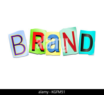 3d Illustration depicting a set of cut out printed letters arranged to form the word brand. Stock Photo