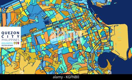 Quezon City, Philippines, Colorful Vector Artmap. Blue-Orange-Yellow Version for Website Infographic, Wall Art and Greeting Card Backgrounds. Stock Vector