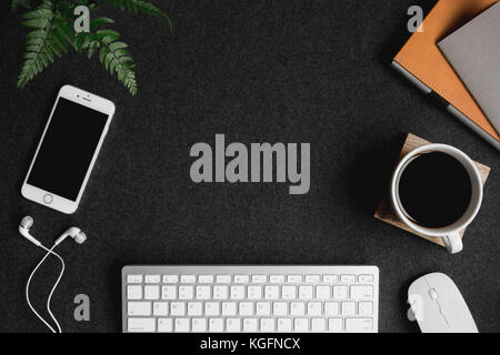 Styled stock minimalist aerial photo of a keyboard, mouse, iPhone, headphones, fern, notebooks and coffee plus room for adding text. Stock Photo
