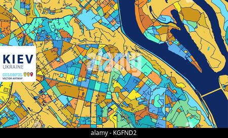 Kiev, Ukraine, Colorful Vector Artmap. Blue-Orange-Yellow Version for Website Infographic, Wall Art and Greeting Card Backgrounds. Stock Vector