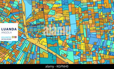 Luanda, Angola, Colorful Vector Artmap. Blue-Orange-Yellow Version for Website Infographic, Wall Art and Greeting Card Backgrounds. Stock Vector