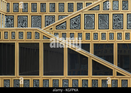 Detail of central atrium, with aluminium fingerprint panels and oak frames and staircase. Deventer City Hall, Deventer, Netherlands. Architect: Neutel Stock Photo