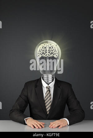 Businessman on black with light bulb instead of head, great ideas concept Stock Photo