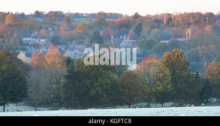 South Newington village in the autumn frost at sunrise. South Newington, Oxfordshire, England. Panoramic Stock Photo