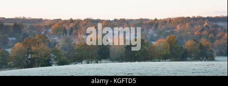 South Newington village in the autumn frost at sunrise. South Newington, Oxfordshire, England. Panoramic Stock Photo