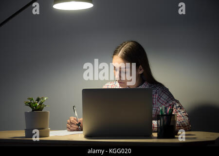 Young female employee read about last project on laptop computer and making notes. Late evening in dark office. Front view. Stock Photo