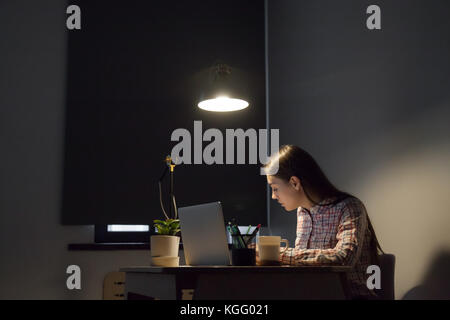 Casual young adult woman study online for university project, making notes. Exam student preparing for test sitting alone in dark room with lamp light Stock Photo