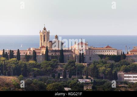 Cathedral of Tarragona against the blue Mediterranean sea, Catalonia, Spain Stock Photo