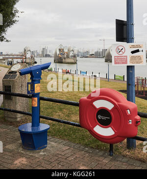 Telescope viewing point at the Thames Barrier, Greenwich, London, United Kingdom Stock Photo