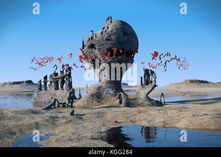 flying red creatures swarming around mysterious rock formations in a beautiful landscape (3d render)