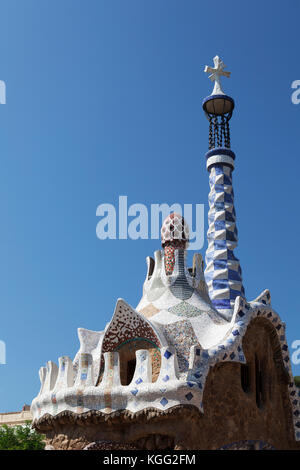 Spain, Barcelona, roof detail of park entrance building, Parc Guell, designed by Antonio Gaudi. Stock Photo