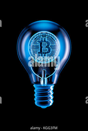Bitcoin light bulb / 3D illustration of light bulb with glowing bitcoin inside Stock Photo