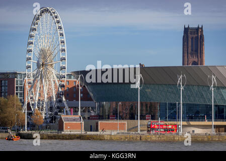 Liverpool pierhead waterfront The ferris wheel at the Albert Dock. Stock Photo