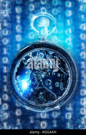 pocket watch and digital background, steampunk object Stock Photo
