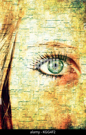 partial face and green eye of a blond woman with futuristic effect Stock Photo