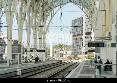 Lisbon, PORTUGAL, October 30, 2017: Platforms at Gare do Oriente (Lisbon Oriente Station), large Portuguese intermodal transport hubs situated in the Stock Photo