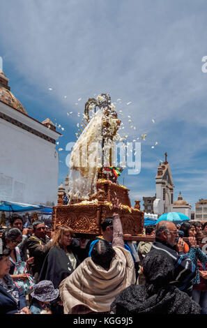 Our Lady of Copacabana Figure in the procession during the Fiesta de la Virgen de la Candelaria, Copacabana, La Paz Department, Bolivia Stock Photo