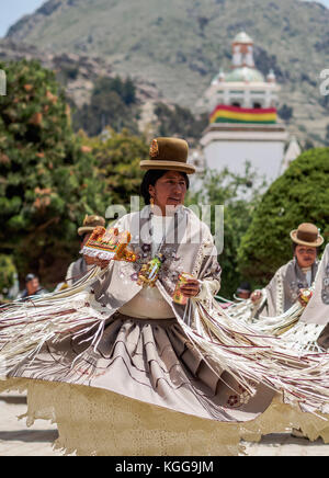 Dancers in Traditional Costume, Fiesta de la Virgen de la Candelaria, Copacabana, La Paz Department, Bolivia Stock Photo