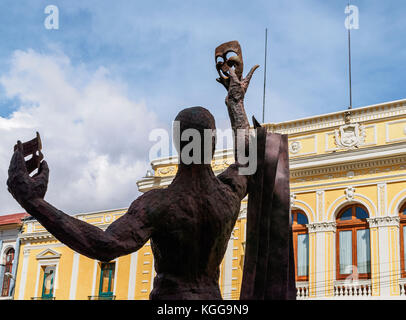 Actor Monument in front of the Alberto Saavedra Perez Municipal Theatre, Old Town, La Paz, Bolivia Stock Photo