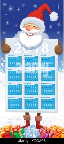 Santa Claus with New Calendar 2018 and gifts over Christmas winter decoration.