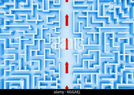 huge maze structure, red arrows showing shortcut through the labyrinth (blue 3d illustration) Stock Photo