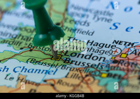 London in United Kingdom pinned on colorful political map of Europe. Geopolitical school atlas. Stock Photo