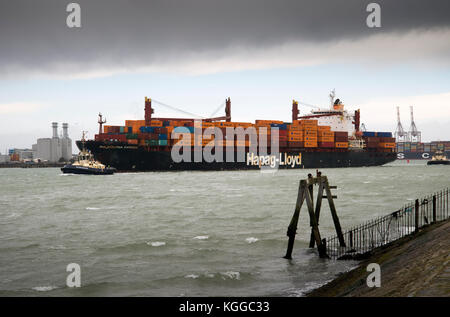 Hapag-Lloyd container ship leaving Southampton docks Stock Photo