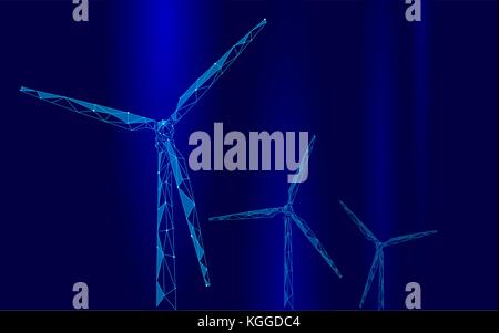 Wind generator low poly abstract background. Save ecology green energy electricity business concept. Windmill tower night dark blue sky clouds landsca Stock Vector