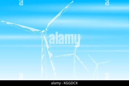 Wind generator low poly abstract background. Save ecology green energy electricity business concept. Windmill tower on blue sky clouds landscape polyg Stock Vector