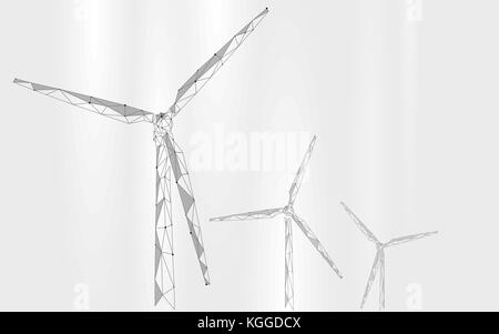 Wind generator low poly abstract background. Save ecology green energy electricity business concept. Windmill tower white gray sky clouds landscape po Stock Vector