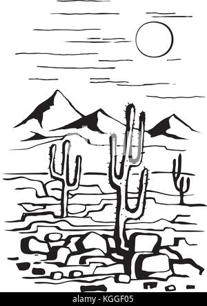 Prairie graphic black white wild west desert landscape sketch ...