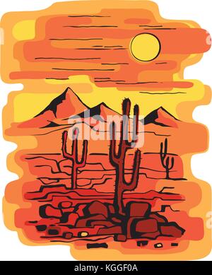 Desert Sunset Cacti . Vector Illustration On Dark Background Stock ...