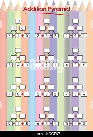 Maths Pyramids for Mental Maths Practice, complete the missing numbers, math worksheet for kindergarten students Stock Vector