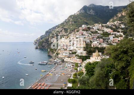 View from above of the popular coastal town and Spiaggia Grande beach in Positano, Italy on the famous Amalfi coast. Stock Photo