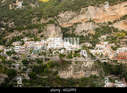 View of upper Positano, a cliffside village along the Amalfi coast road. Stock Photo