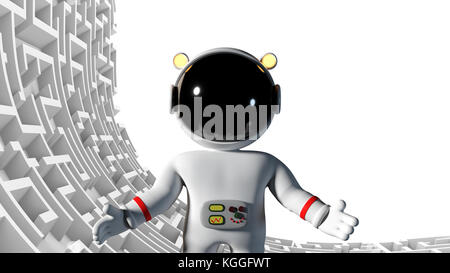 cute cartoon astronaut hovering over huge endless maze structure, with white background (3d illustration) Stock Photo