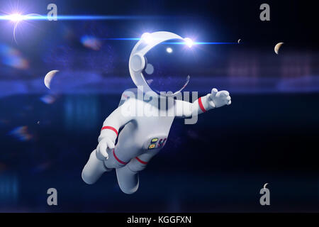 cartoon astronaut character in white space suit in front planets and moons (3d rendering) Stock Photo