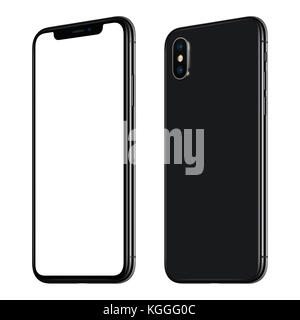 New black smartphone mockup similar to iPhone X front and back sides CW rotated isolated on white background. Stock Photo